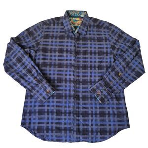 Robert Graham Mens XL Blue Geometric Plaid Flip Cuff Button Shirt Luxury